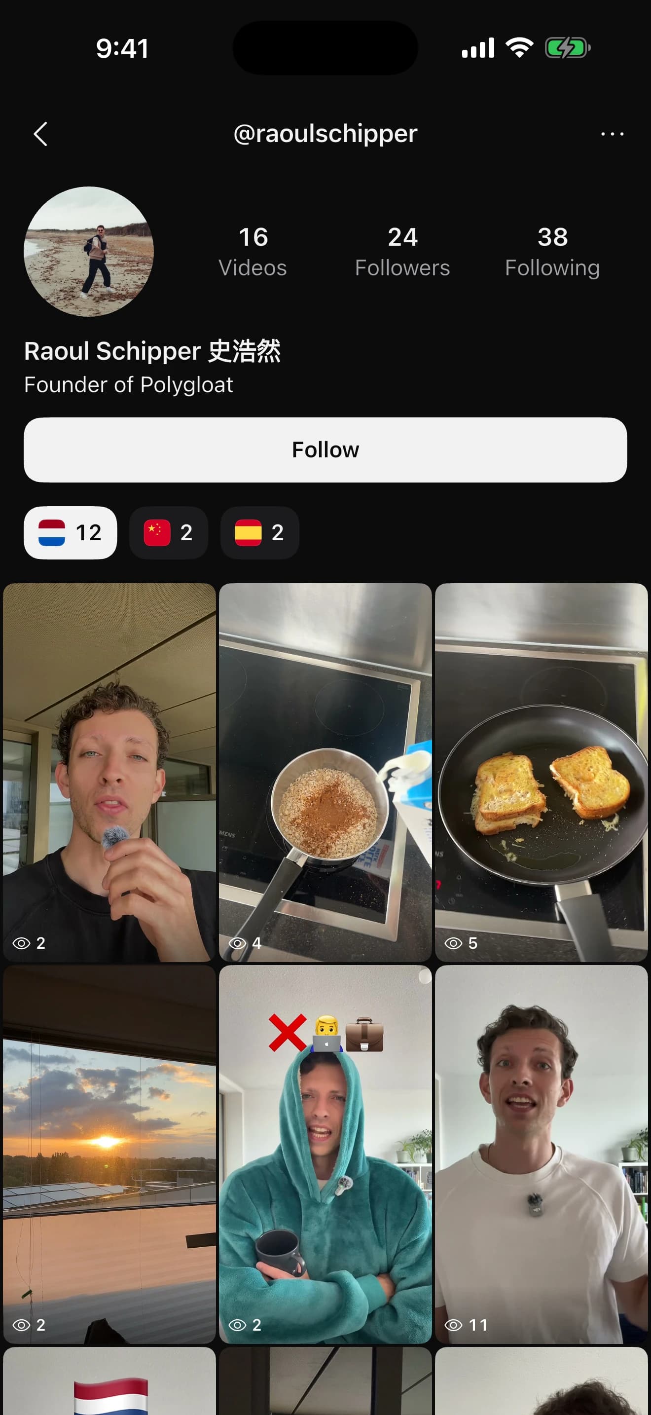 A creator's profile in Polygloat, with a Follow button and a grid of their videos