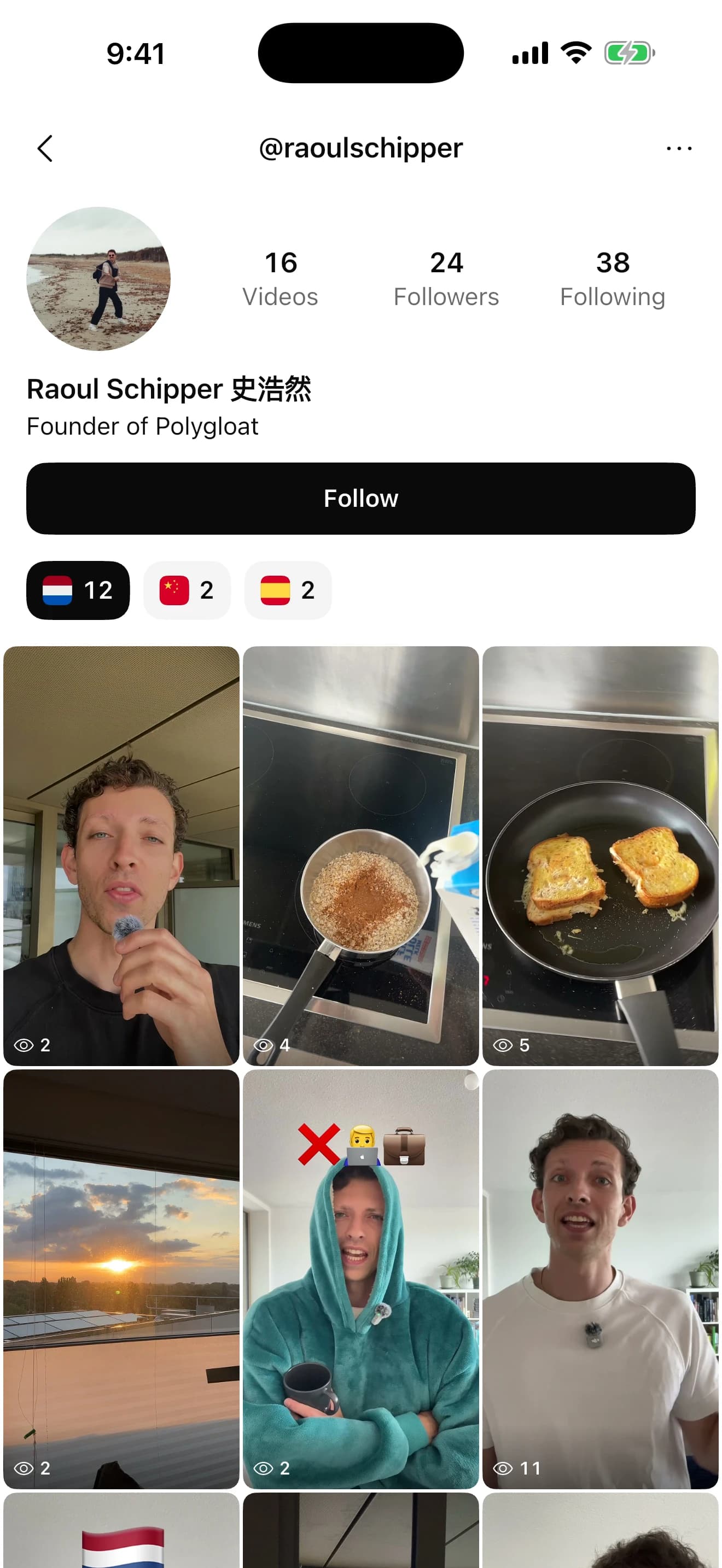 A creator's profile in Polygloat, with a Follow button and a grid of their videos