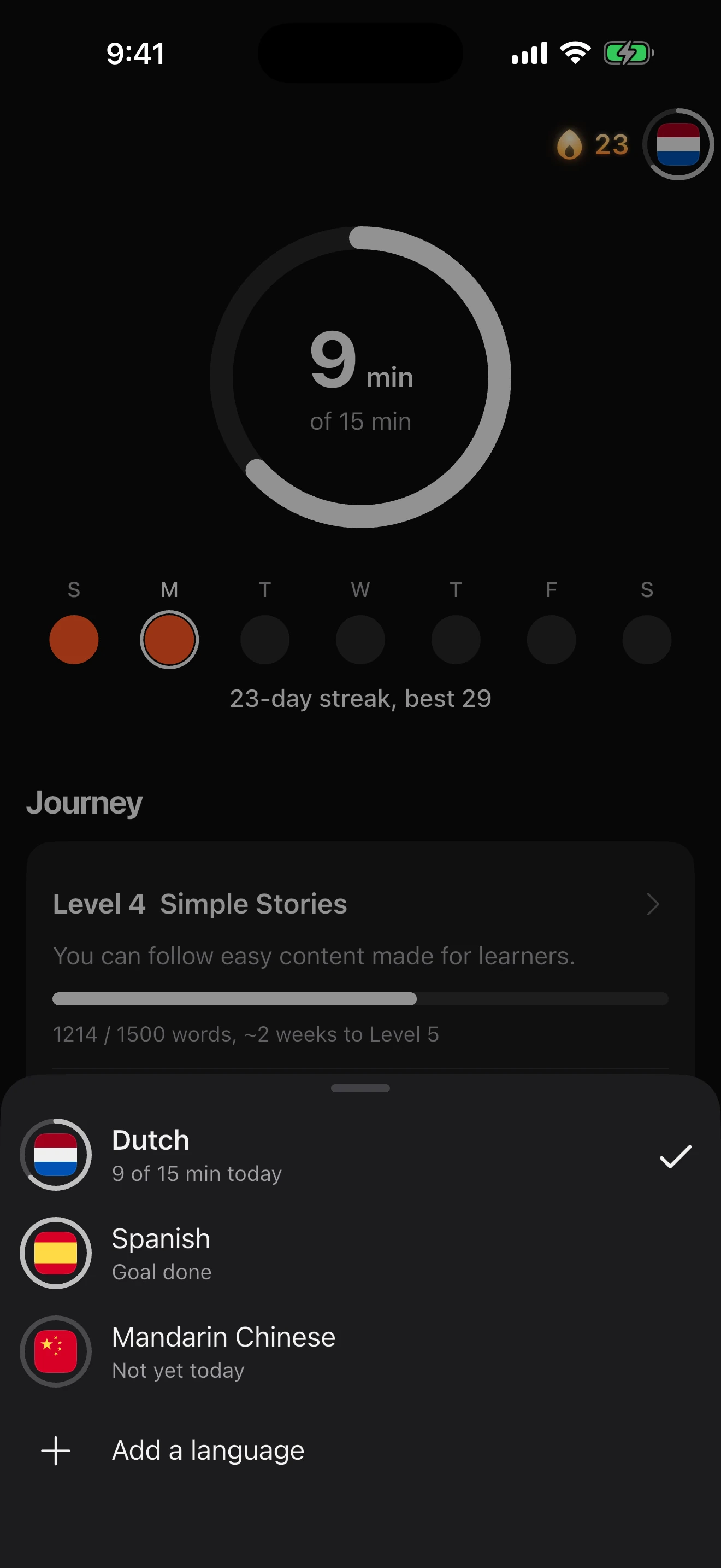 The language switcher: Dutch at 9 of 15 minutes today, Spanish goal done, Mandarin Chinese not yet today