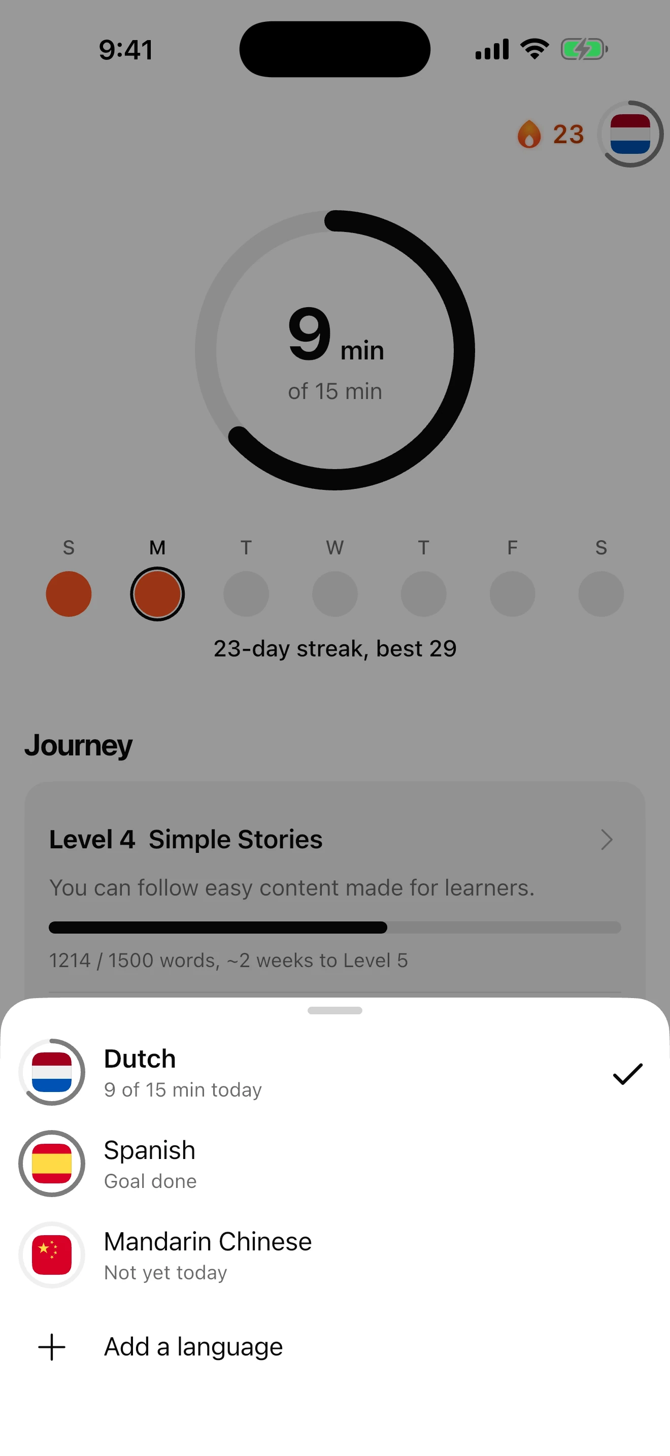 The language switcher: Dutch at 9 of 15 minutes today, Spanish goal done, Mandarin Chinese not yet today